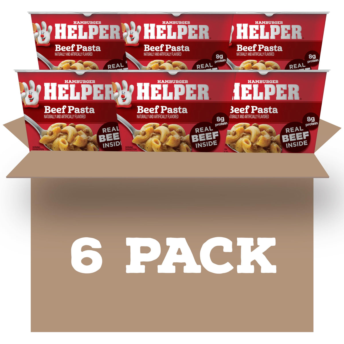Hamburger Helper front packaging showing six microwave cups and benefits