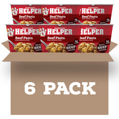 Hamburger Helper front packaging showing six microwave cups and benefits
