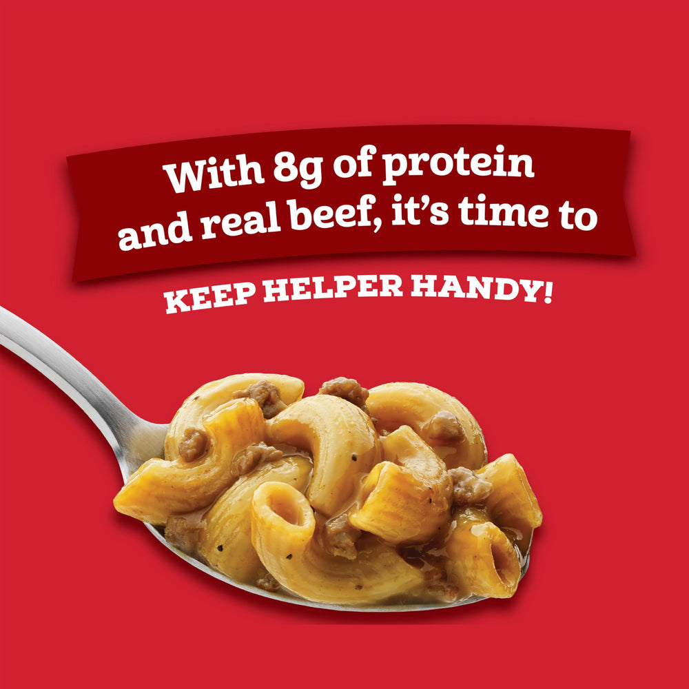 Hamburger Helper open cup with included flavor pouch ready to mix