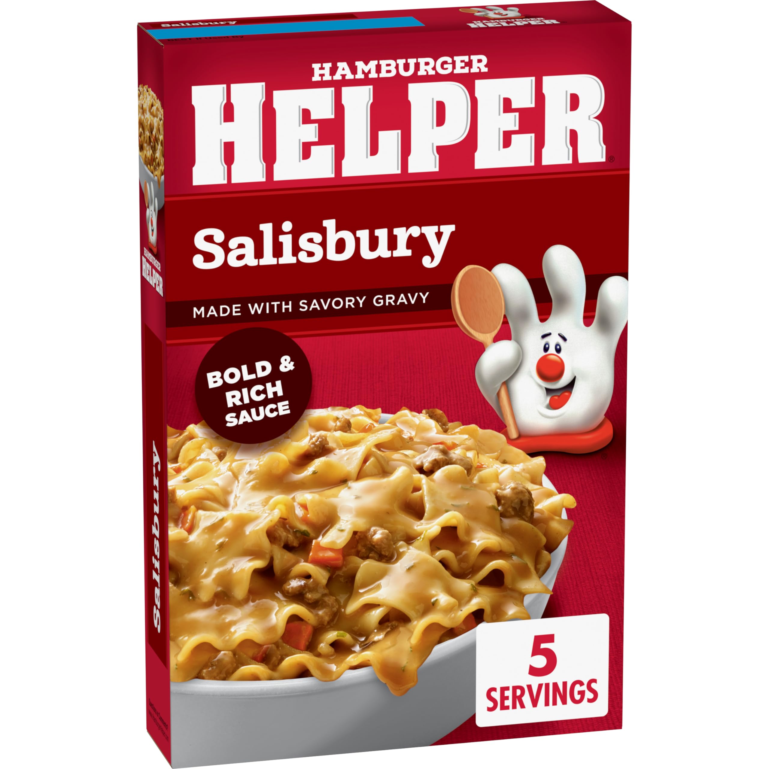 Hamburger Helper open box with pasta and sauce packet ready to cook