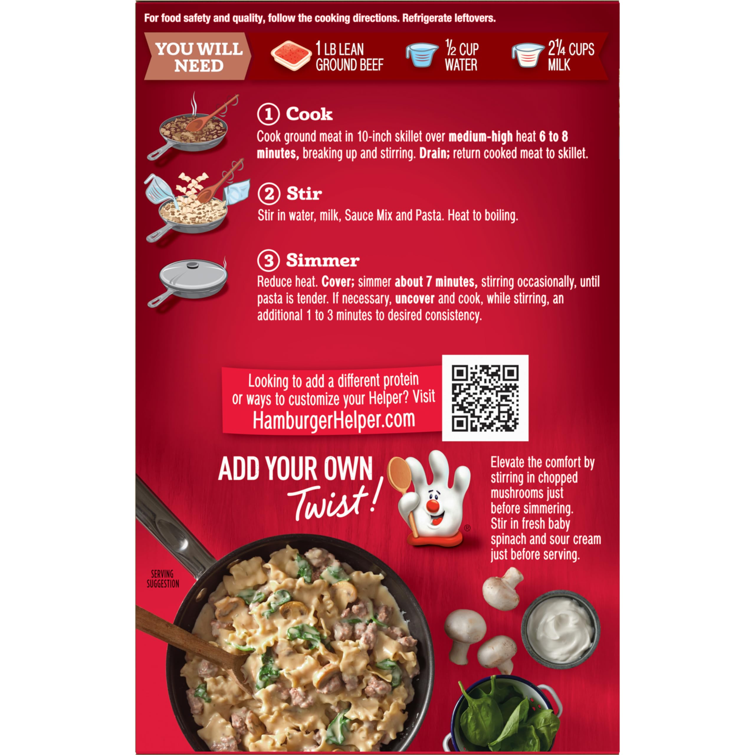 Hamburger Helper bowl with serving size comparison for family-friendly portions