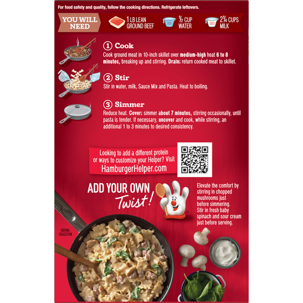 Hamburger Helper bowl with serving size comparison for family-friendly portions