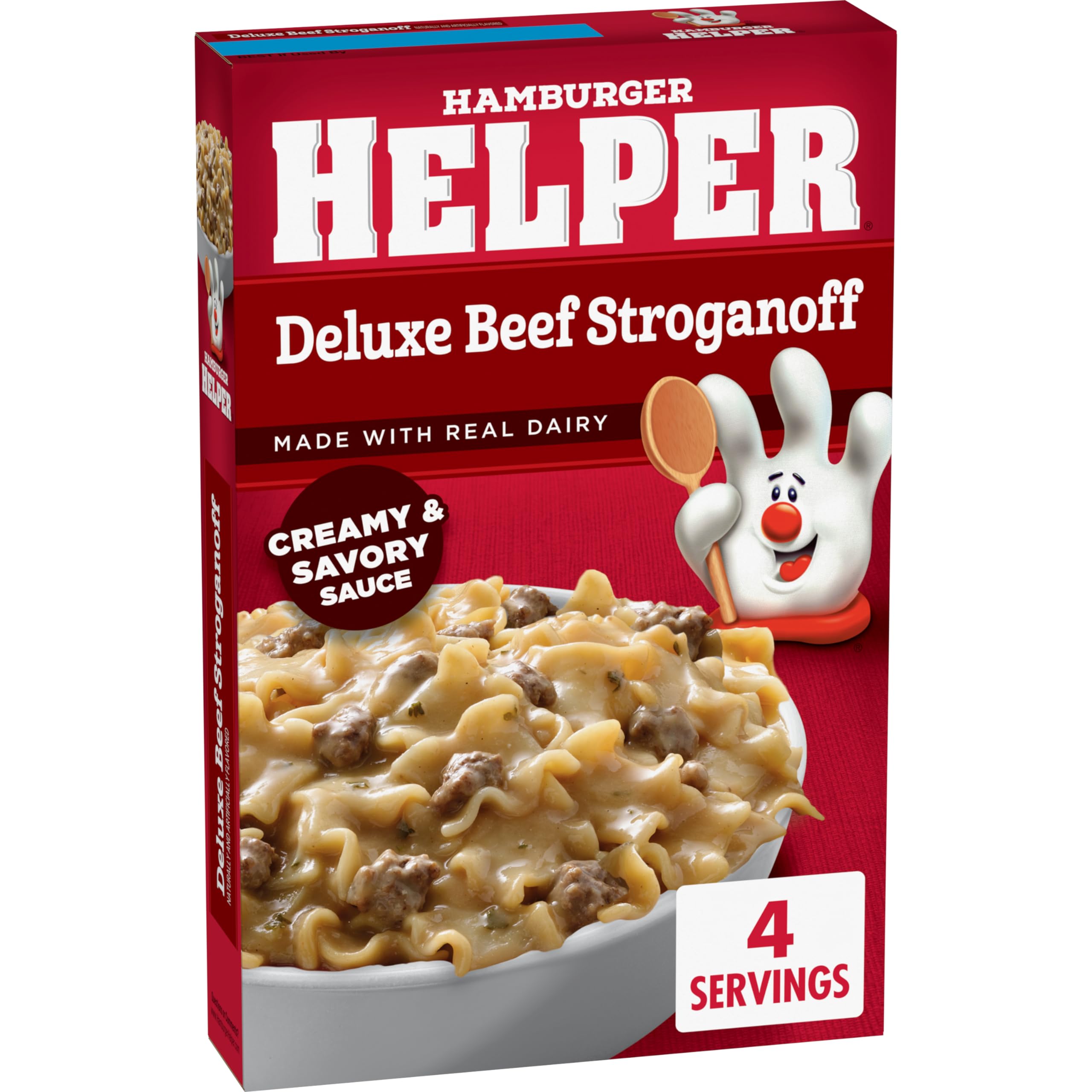 Hamburger Helper cooked stroganoff in skillet showing creamy texture and quick meal