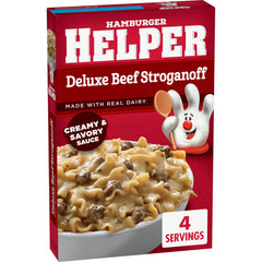 Hamburger Helper cooked stroganoff in skillet showing creamy texture and quick meal