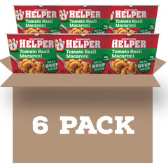 Hamburger Helper front packaging showing six microwave cups and convenience