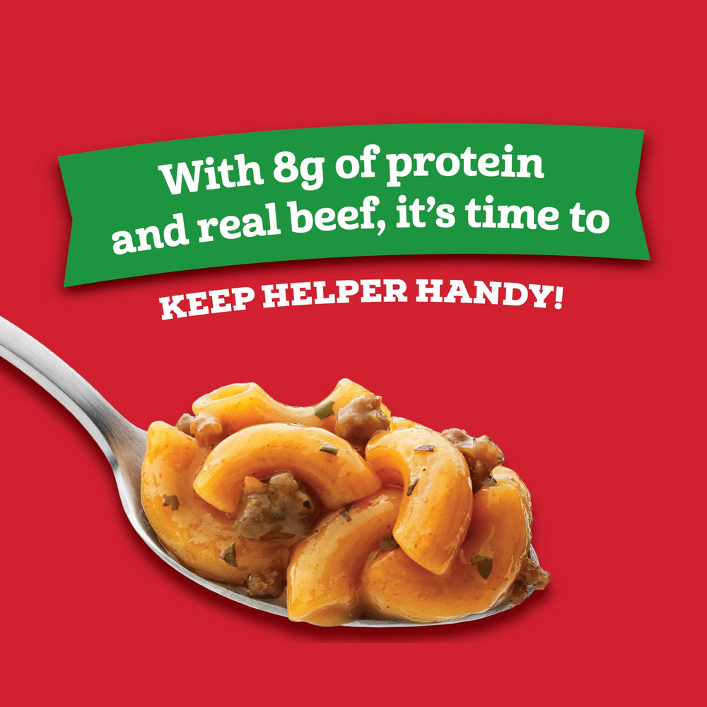 Hamburger Helper open cup closeup showing pasta texture and creamy sauce