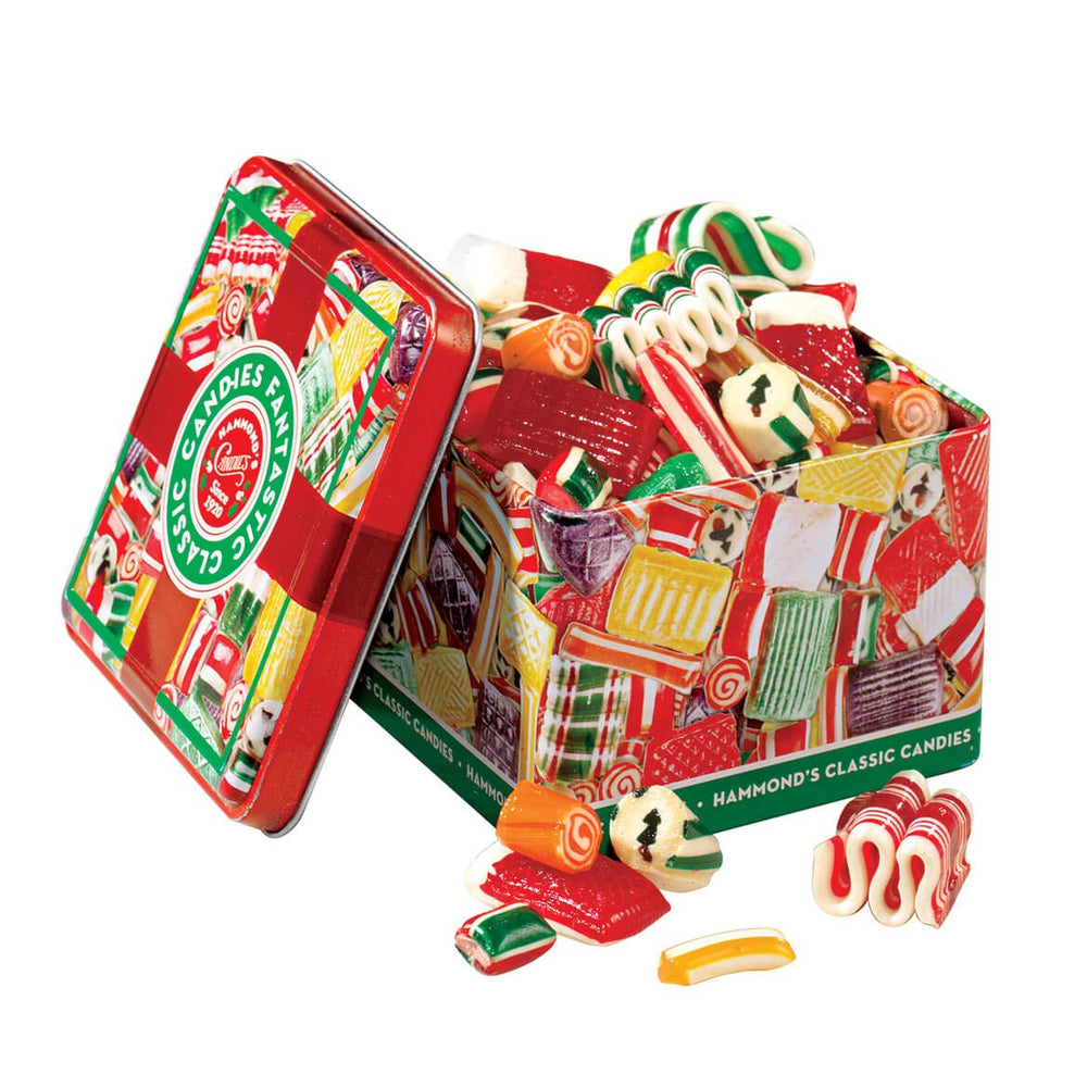 Hammond's Candies holiday tin front view showing festive packaging and handy gifting appeal