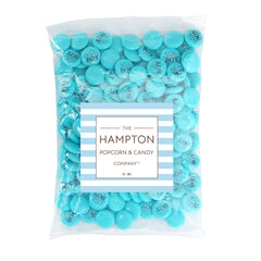 THE HAMPTON CANDY COMPANY close-up of blue gum button texture, shows smooth colorful finish