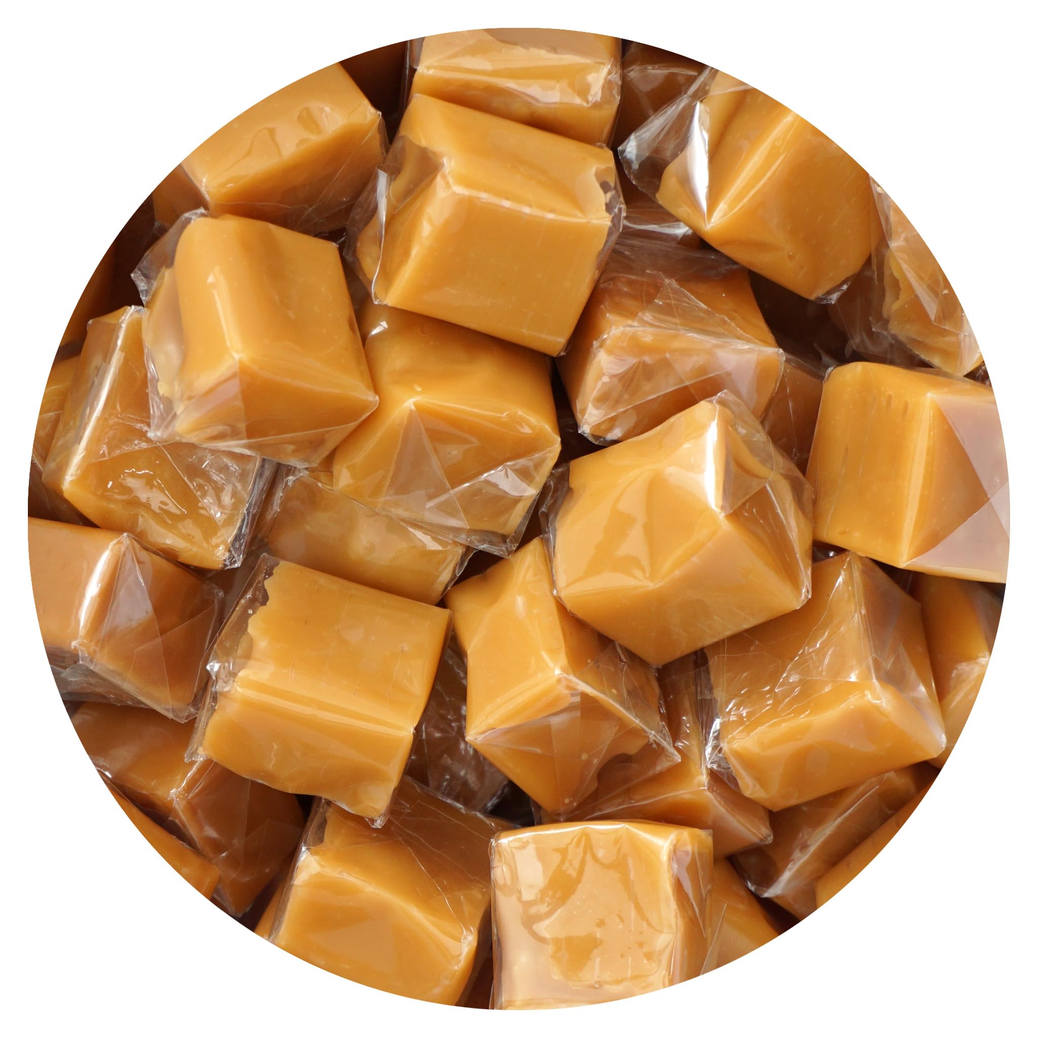 THE HAMPTON CANDY COMPANY front packaging showing 3 lb bag and wrapped caramels for easy serving