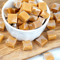 THE HAMPTON CANDY COMPANY caramels next to a ruler showing approximate piece size and portion clarity