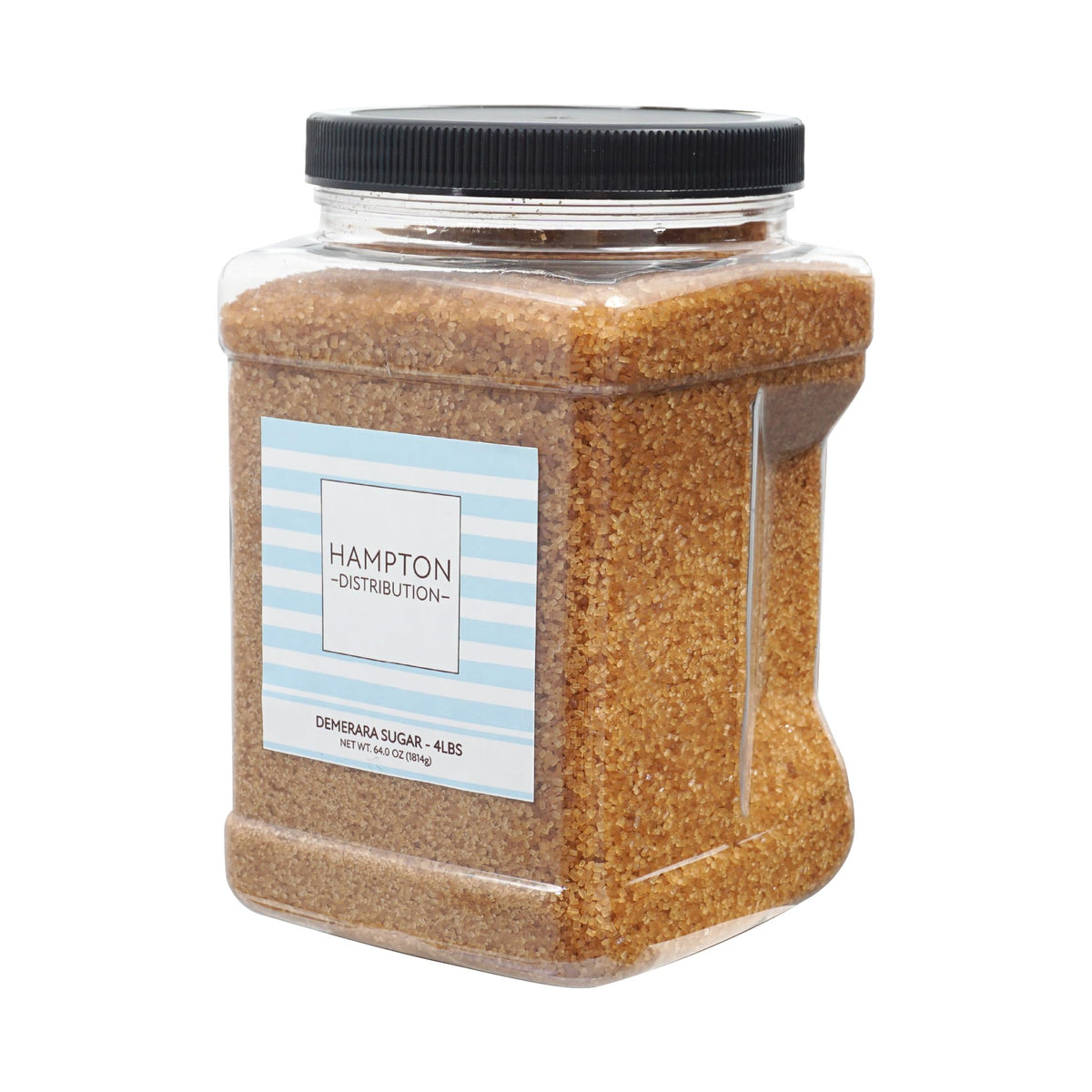 Hampton Distribution front packaging of 4 lb demerara jar showing label and grip for easy handling