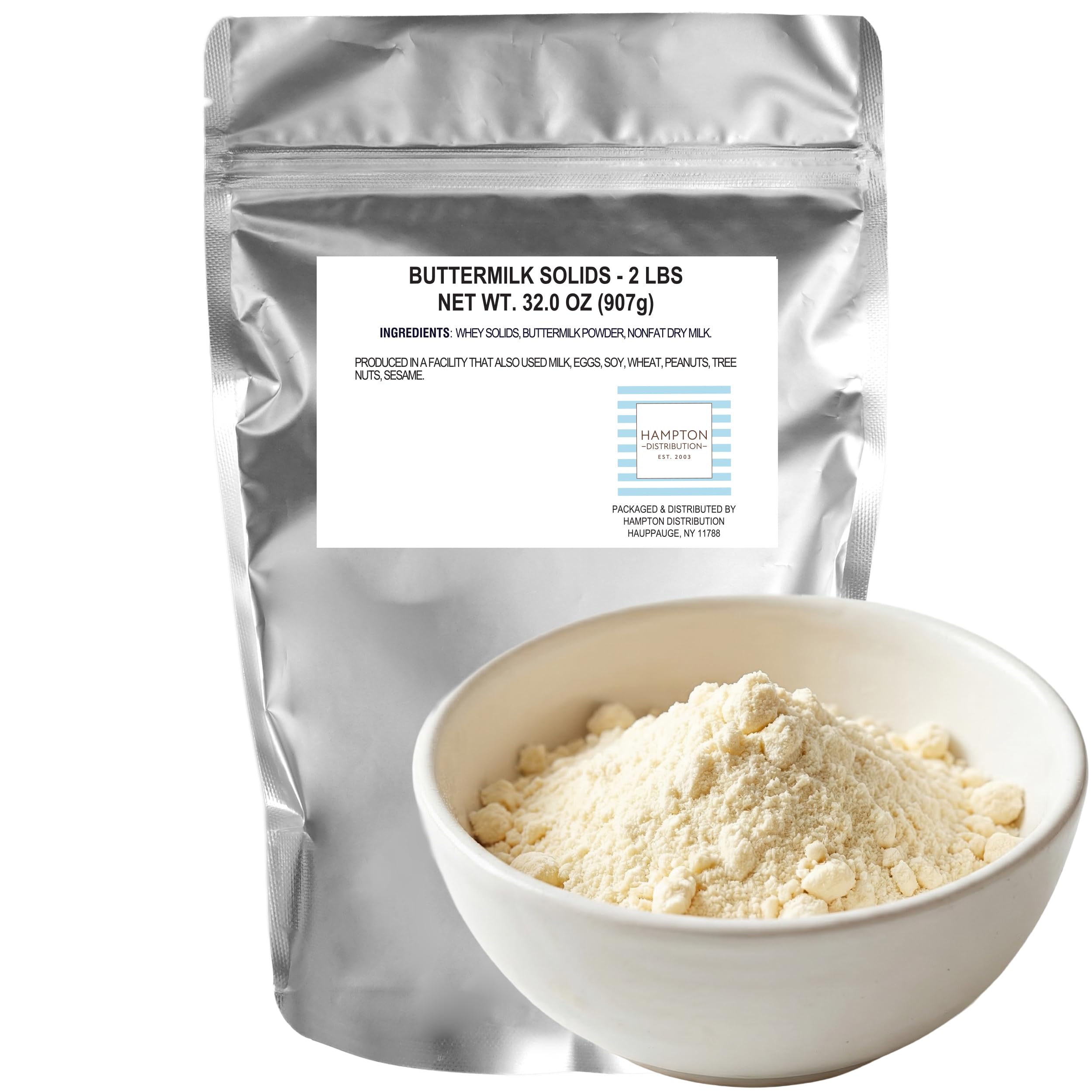 Hampton Distribution front packaging of 2 lb buttermilk powder showing clear label and benefits