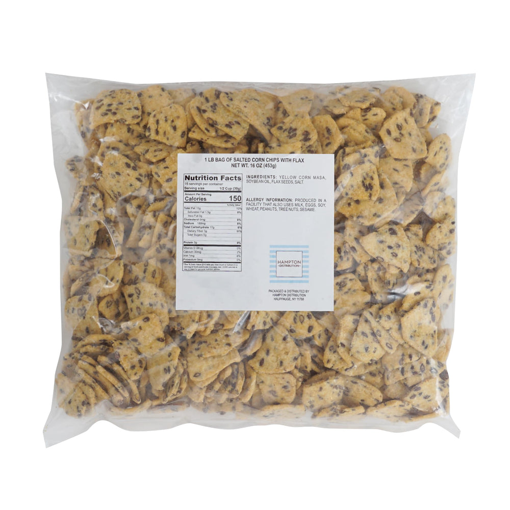 Close-up of Hampton Distribution chip texture with visible flax seeds for crisp bite