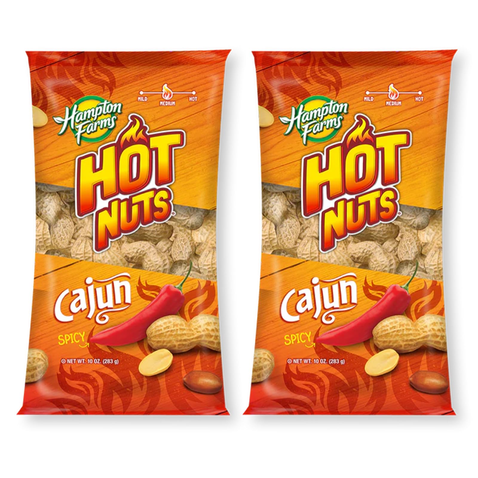 Hampton Farms front packaging showing 10 oz Cajun peanuts, bold snack flavor