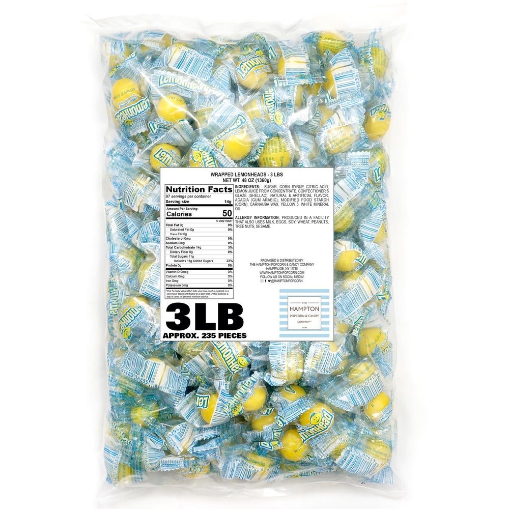 Close-up texture of Lemonheads candy by The Hampton Popcorn Company showing tangy shell