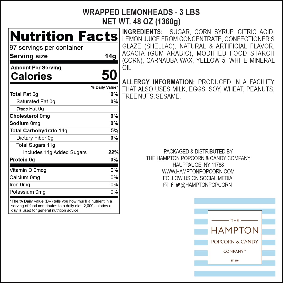 Size comparison of Lemonheads next to a coin by The Hampton Popcorn Company for scale