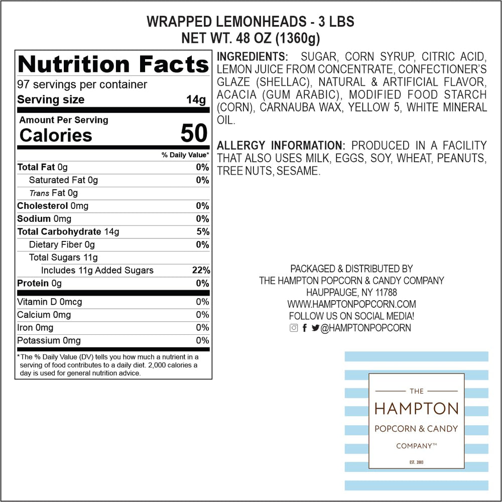 Size comparison of Lemonheads next to a coin by The Hampton Popcorn Company for scale