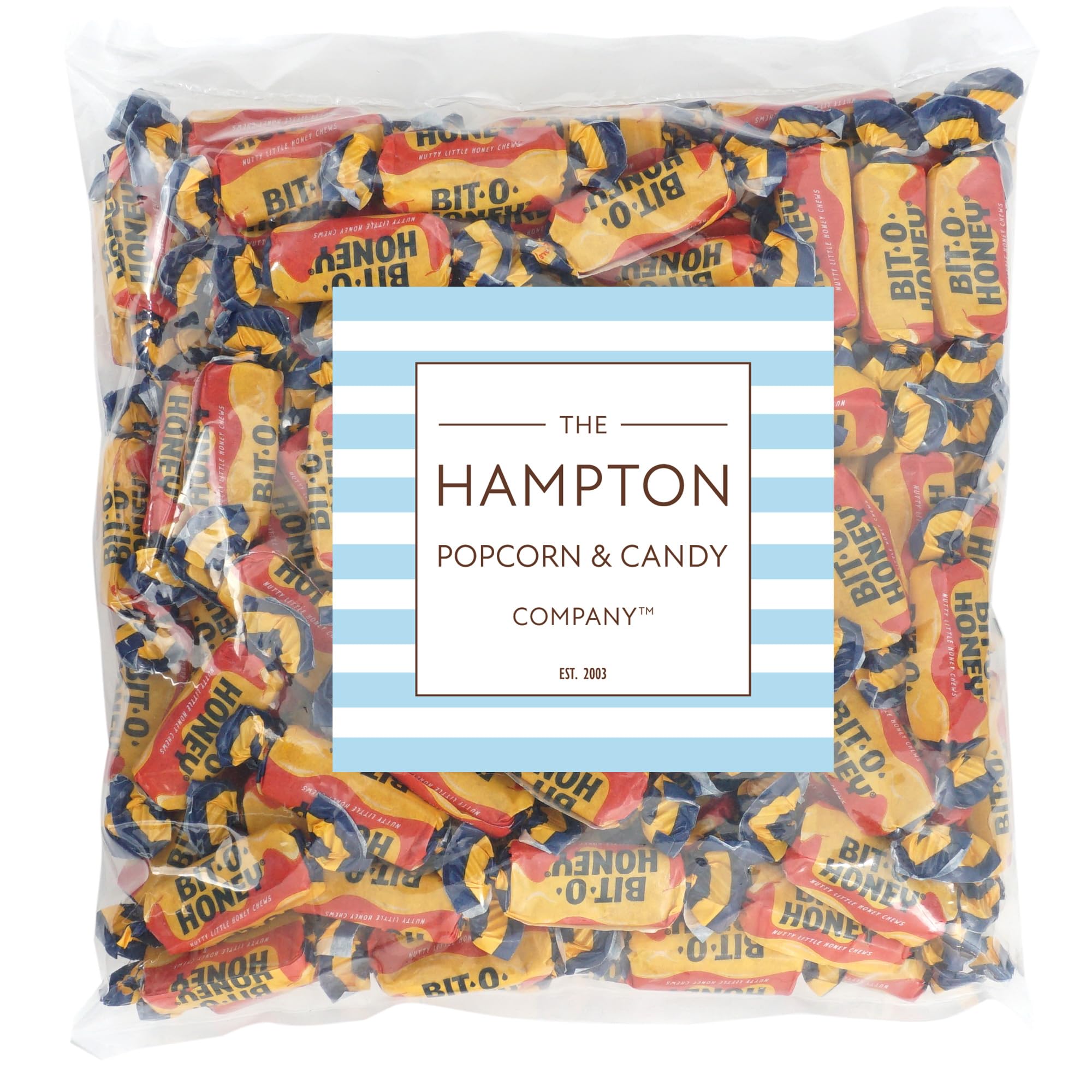Close-up of individually wrapped BitOHoney pieces by The Hampton Popcorn Company, hygienic portioning