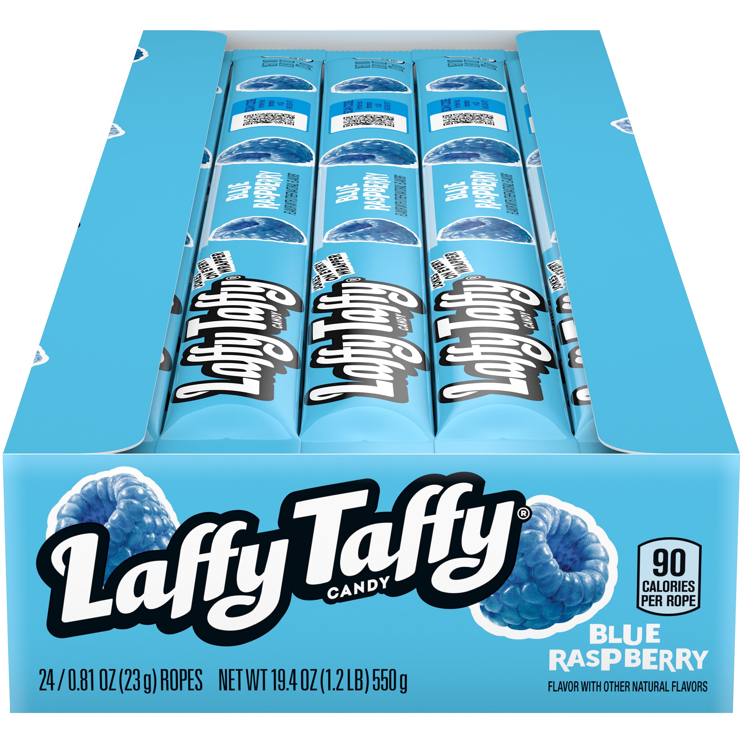 Pile of individually wrapped blue raspberry ropes by The Hampton Popcorn Company ready for sharing