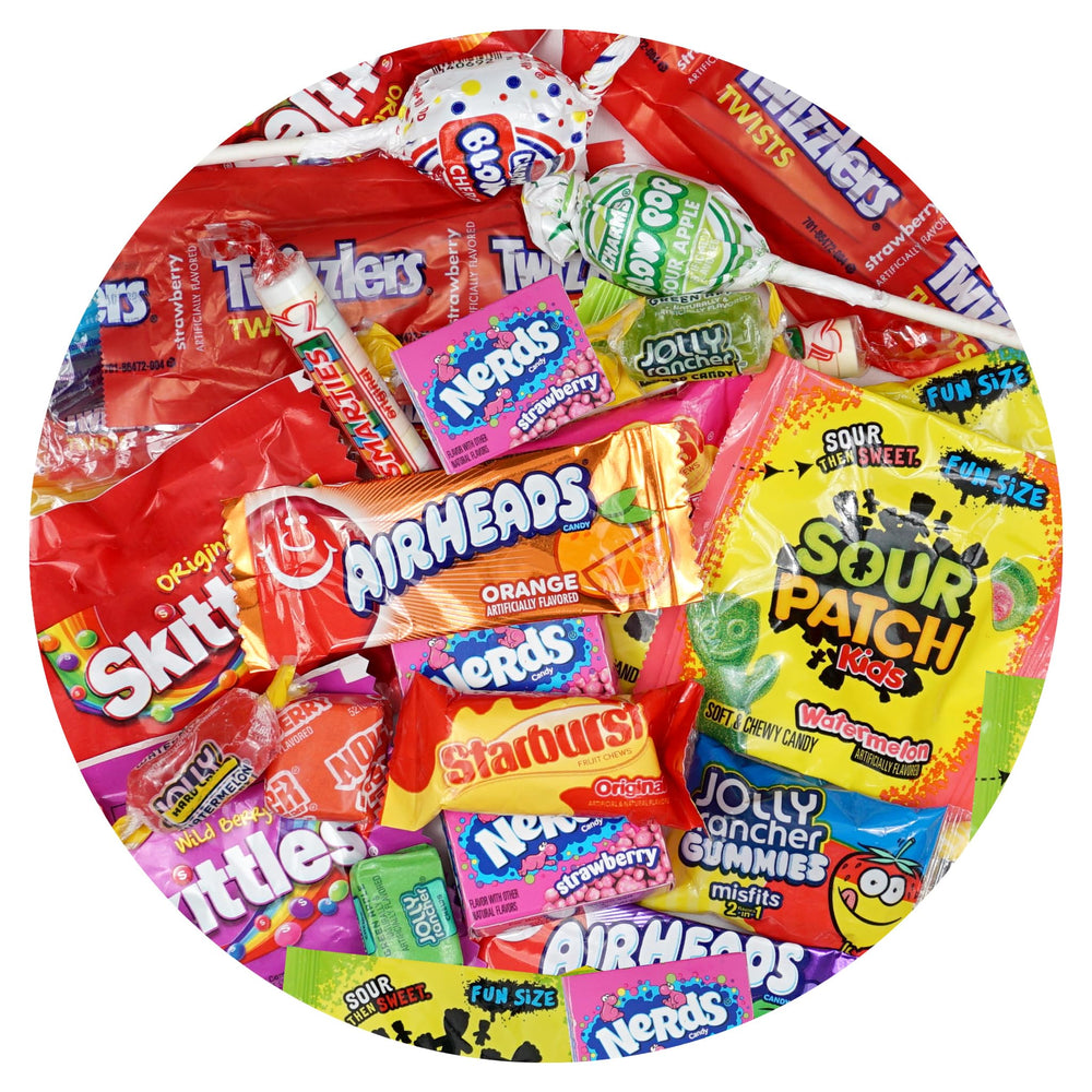 The Hampton Popcorn Company front packaging showing 4 pound bulk candy and brand