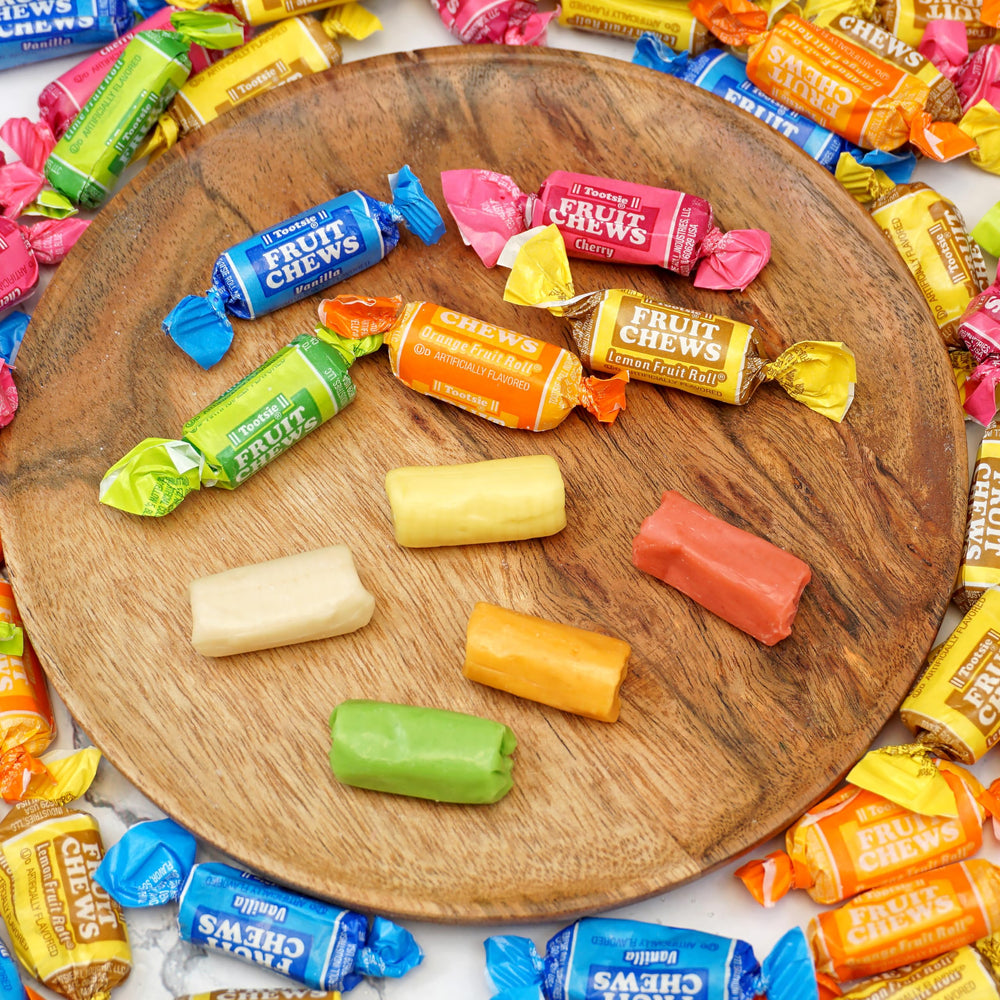Close-up of individually wrapped Fruit Chews by The Hampton Popcorn Company highlighting fresh sealed wrapping