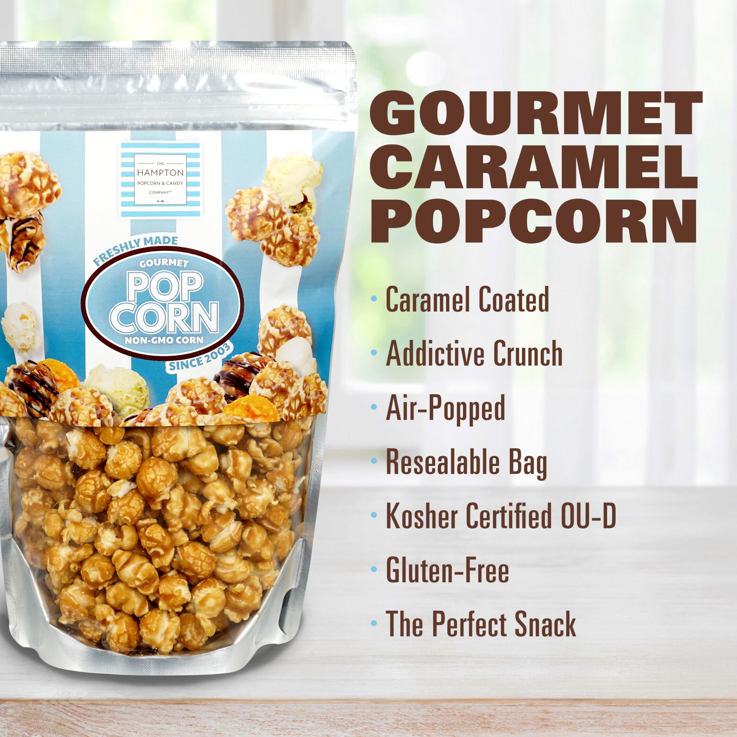 The Hampton Popcorn Company close-up of caramel-coated kernels highlighting crisp texture benefit