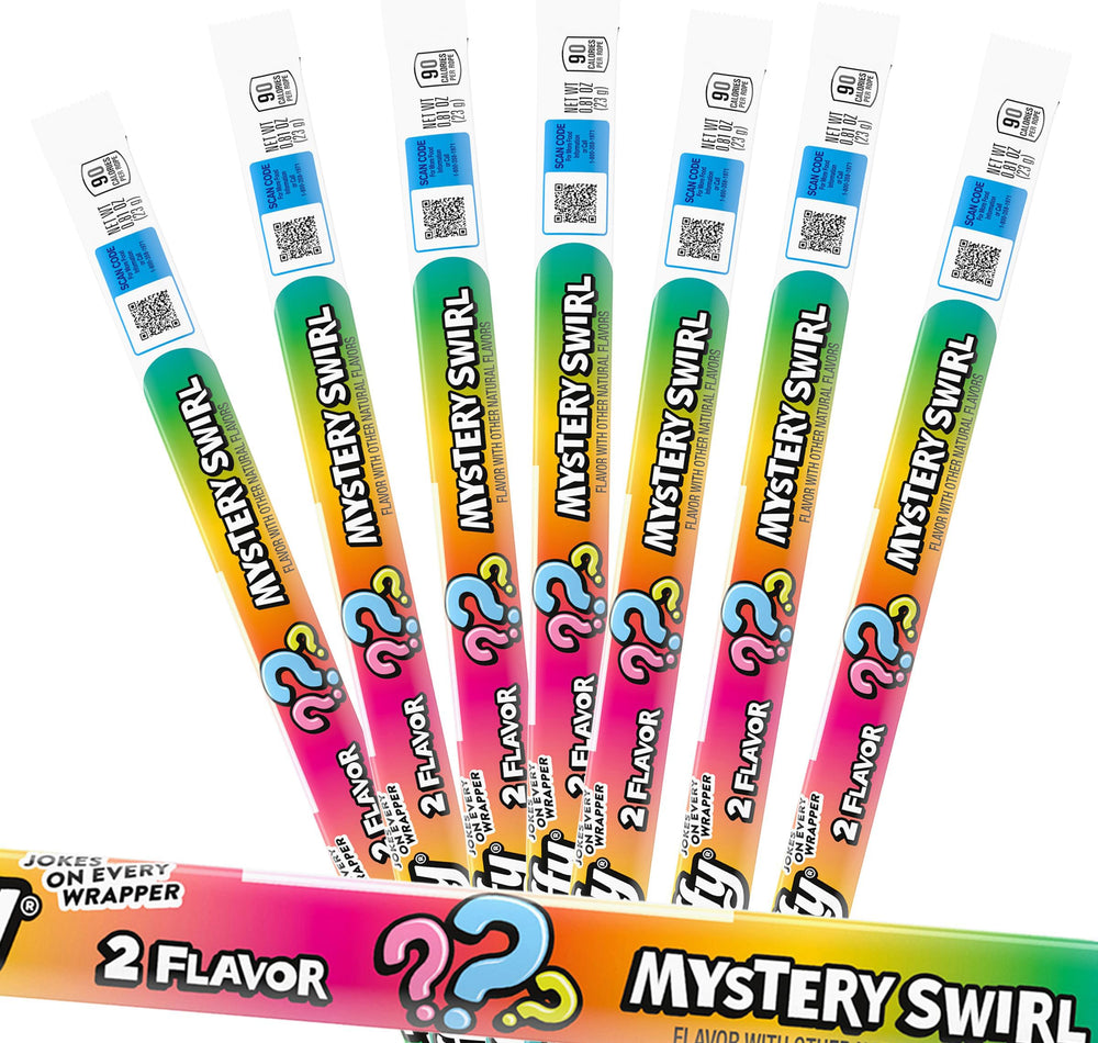 The Hampton Popcorn Company front packaging showing colorful mystery swirl taffy ropes and easy sharing