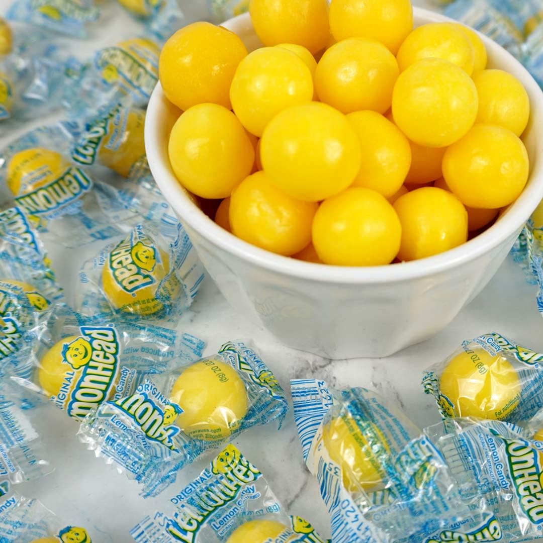 The Hampton Popcorn Company Lemonheads in a candy dish ready to serve for parties
