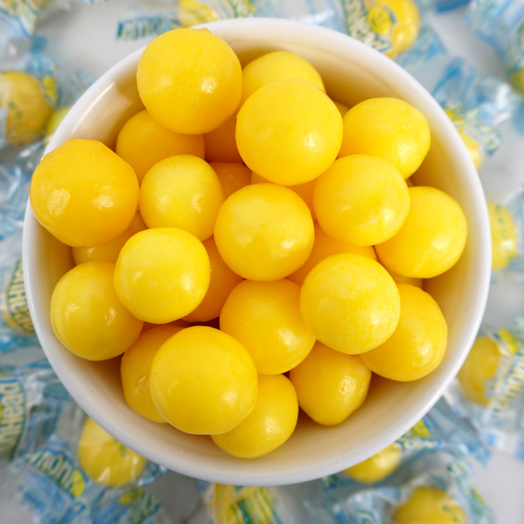The Hampton Popcorn Company lemonheads in a party bowl demonstrating easy entertaining use