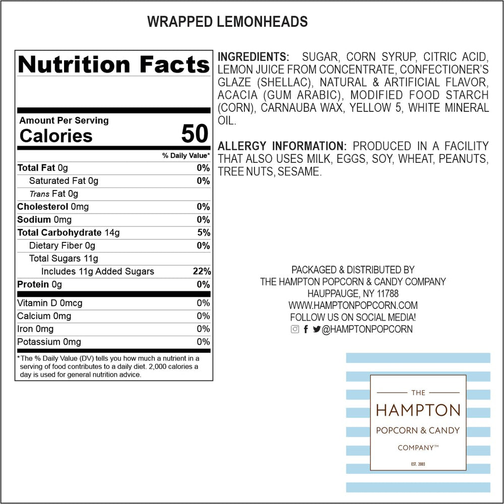 The Hampton Popcorn Company lemonheads next to a ruler showing approximate size and count