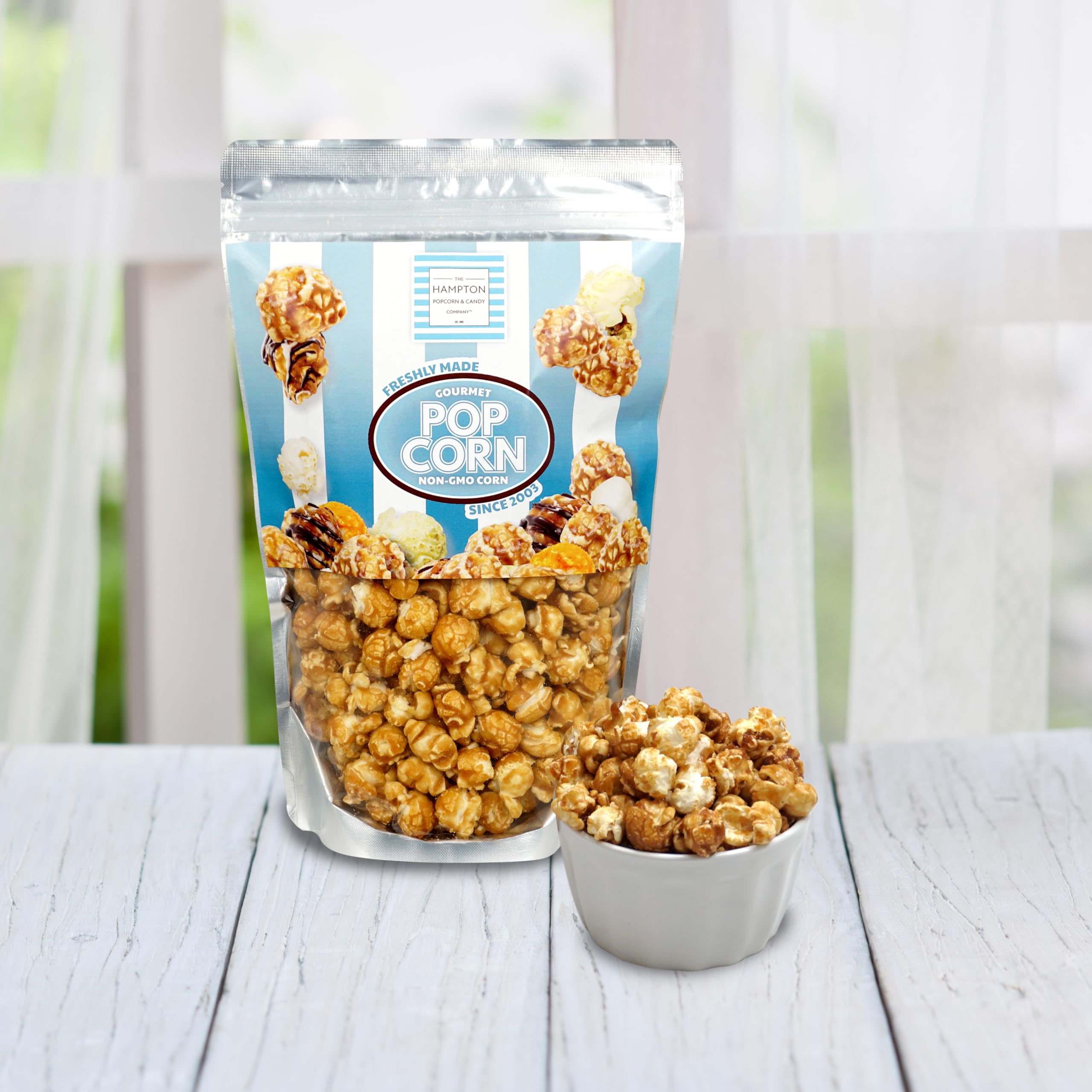 The Hampton Popcorn Company portion on a plate showing convenient serving benefit