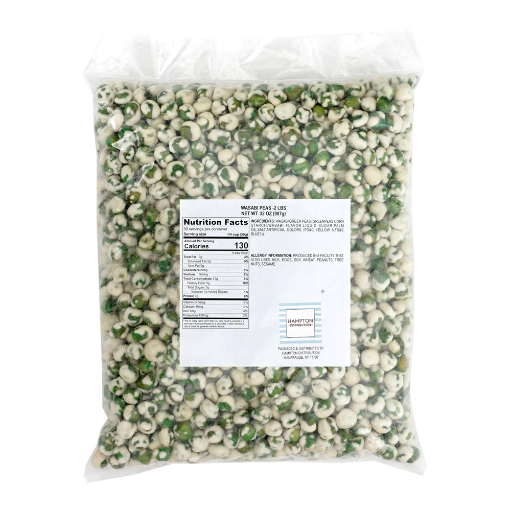 Close-up of Hampton Distribution wasabi peas texture showcasing crisp coating and spice