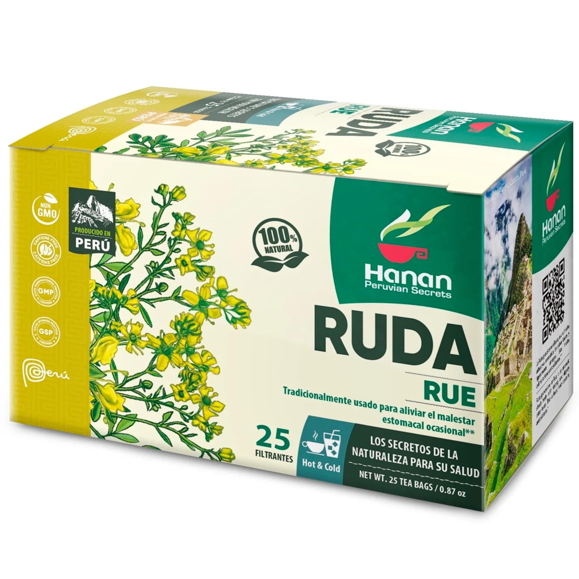 Hanan box front packaging showing 25 rue tea bags and Peruvian origin benefits