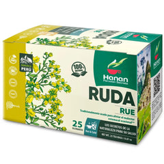 Hanan box front packaging showing 25 rue tea bags and Peruvian origin benefits