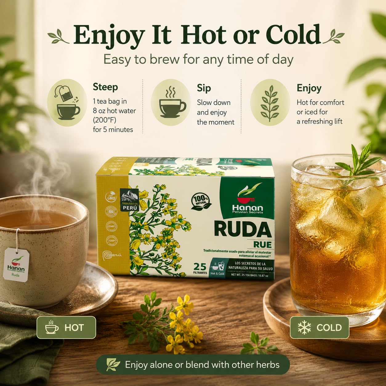 Hanan brewed tea in cup demonstrating steeped rue aroma and ritual use
