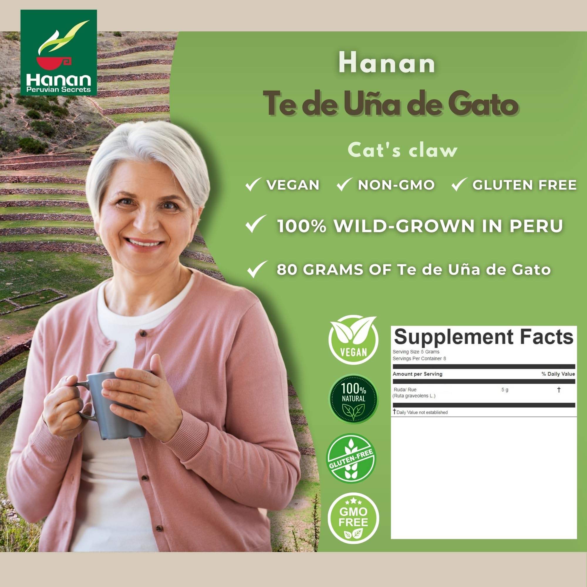 HANAN PERUVIAN SECRETS conservation badge showing 3% donation to Amazon protection
