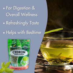 Hanan brewed lemon verbena tea in cup for soothing digestive relief