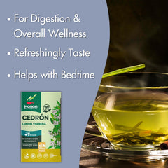 HANAN PERUVIAN SECRETS brewed cup of lemon verbena tea steaming, offers a refreshing caffeine-free drink