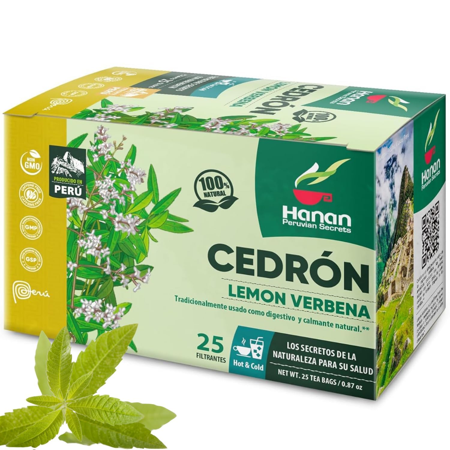 HANAN PERUVIAN SECRETS front packaging showing 25 tea bags and lemon imagery, highlights convenience
