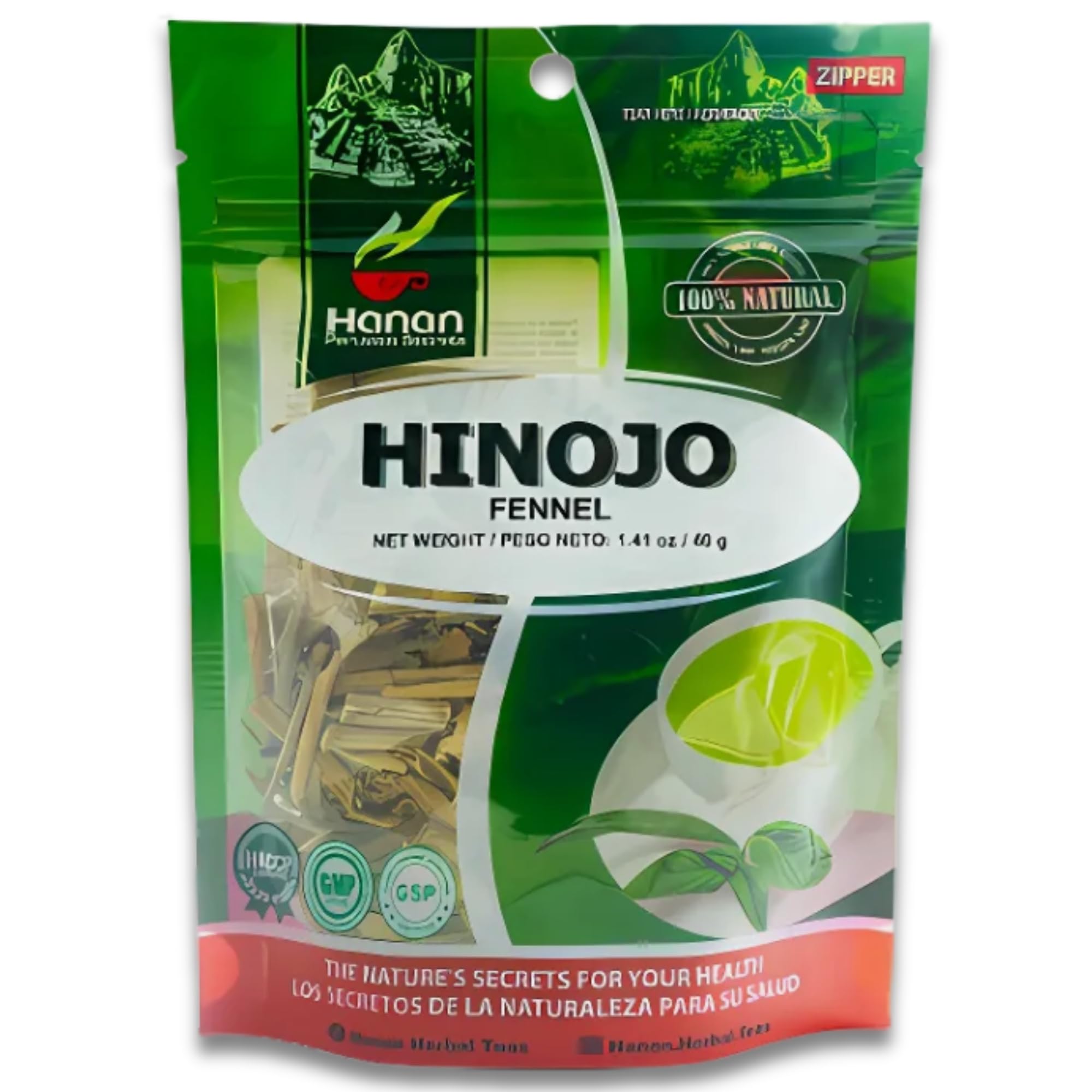 HANAN PERUVIAN SECRETS front packaging showing 40g fennel pouch and freshness