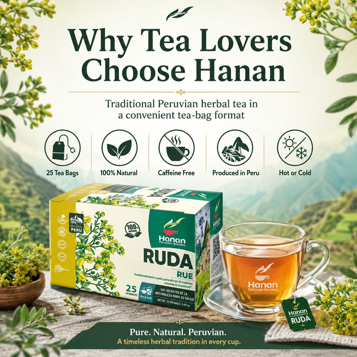 Hanan size comparison with hand displaying tea bag scale and portioning