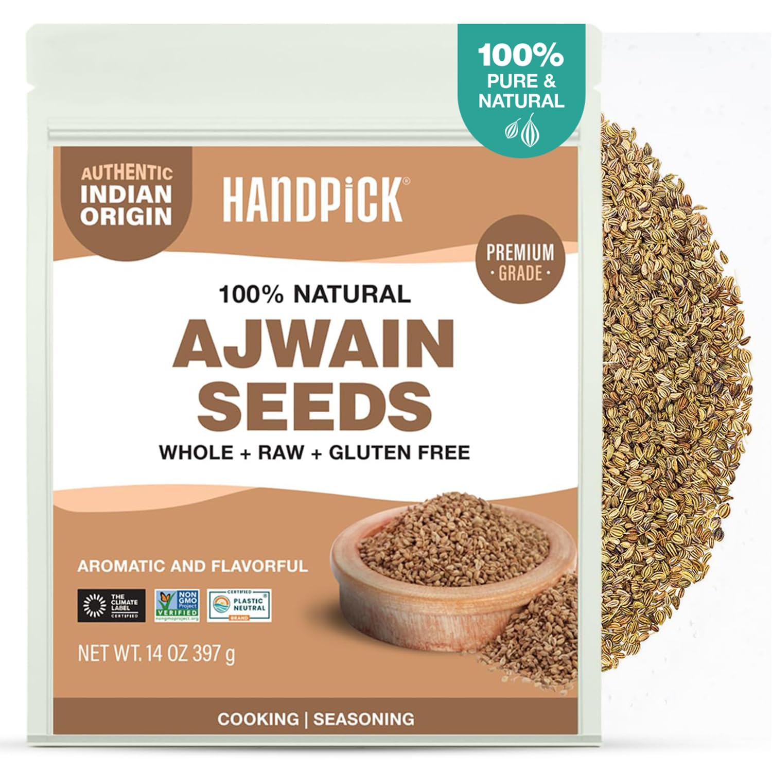 HANDPICK front pouch view showing resealable pouch and label benefits