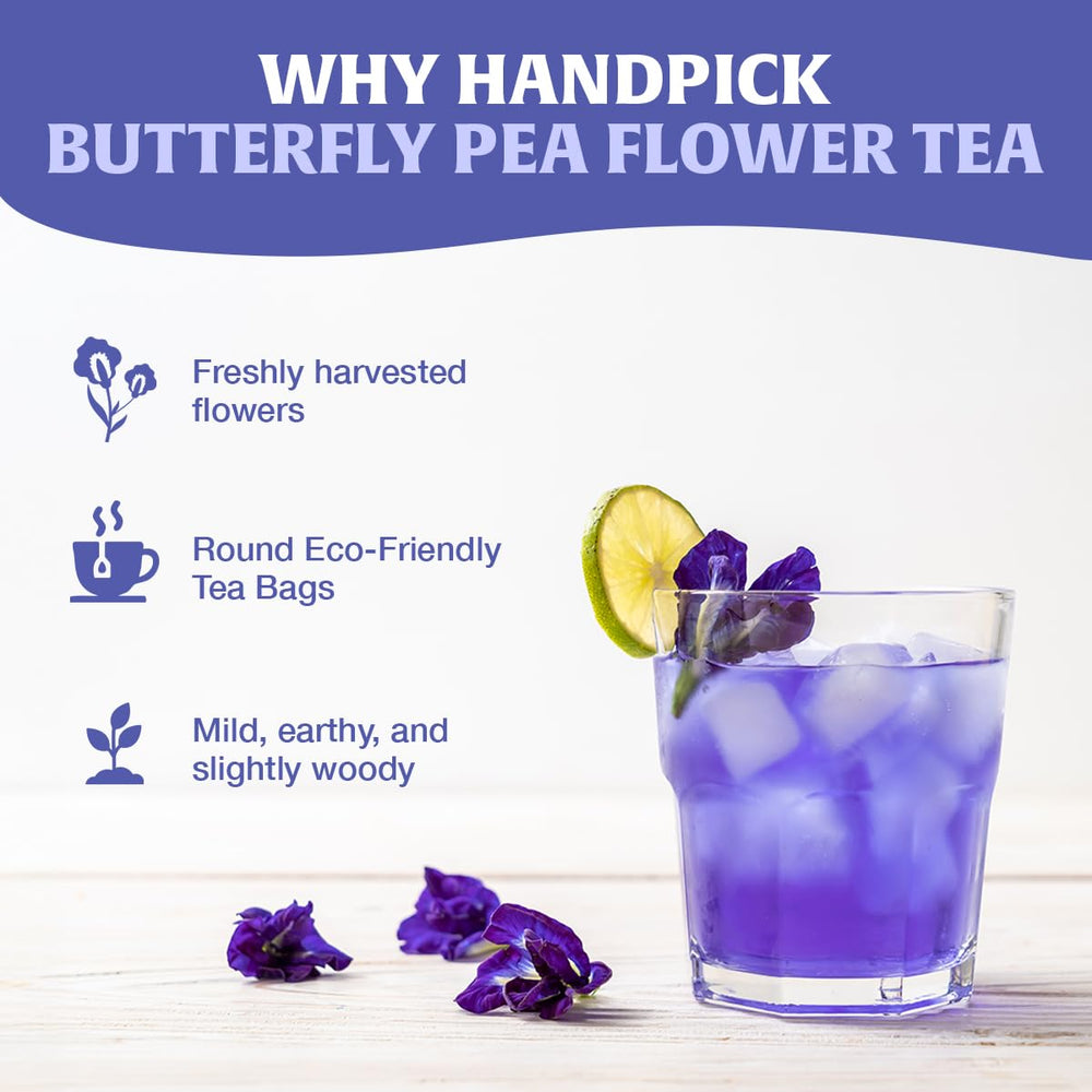 HANDPICK steeped blue tea in a cup demonstrating vivid color and aroma