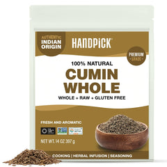HANDPICK front pouch showing cumin seeds and resealable bag benefit