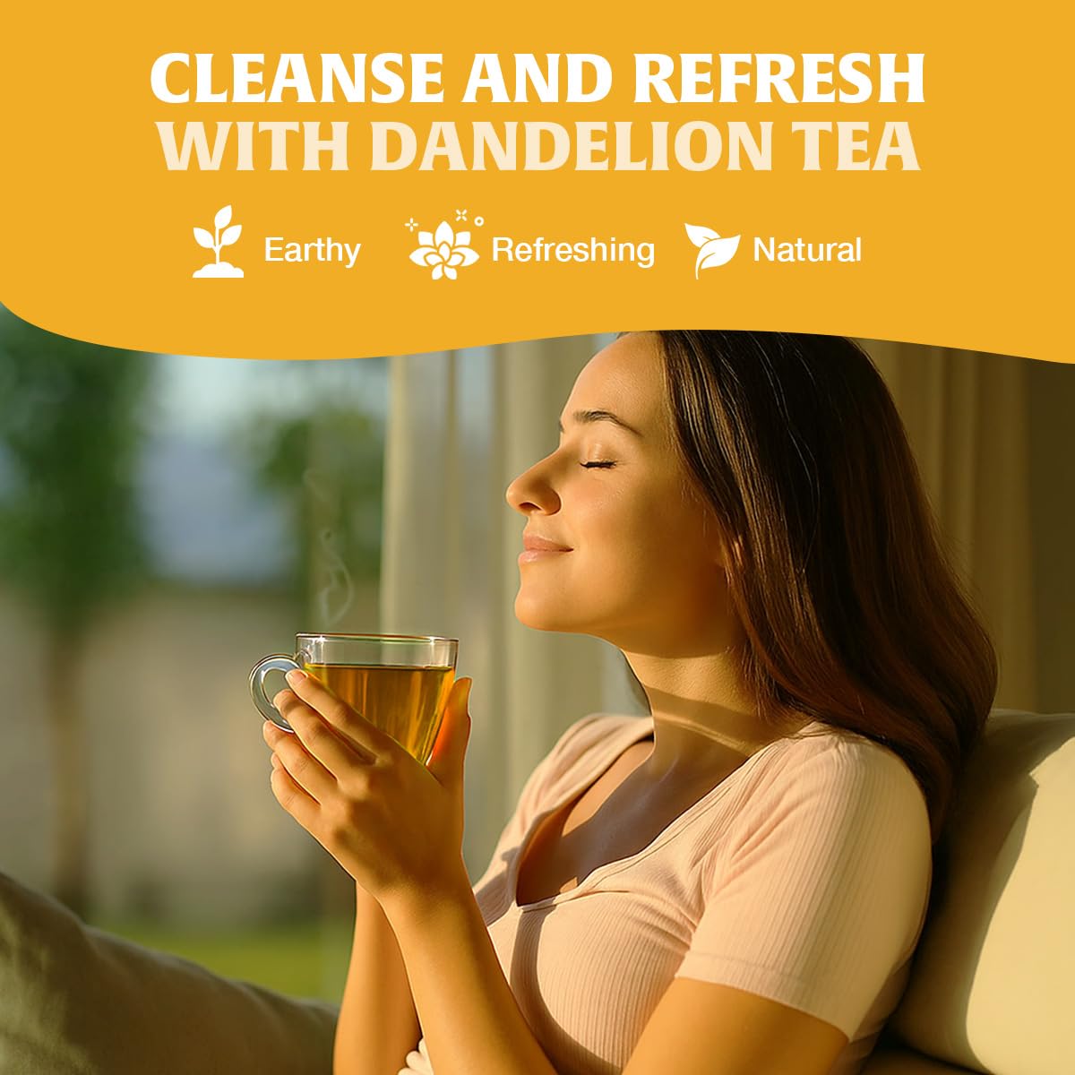 HANDPICK cup of steeped dandelion tea displaying warm color and inviting steam