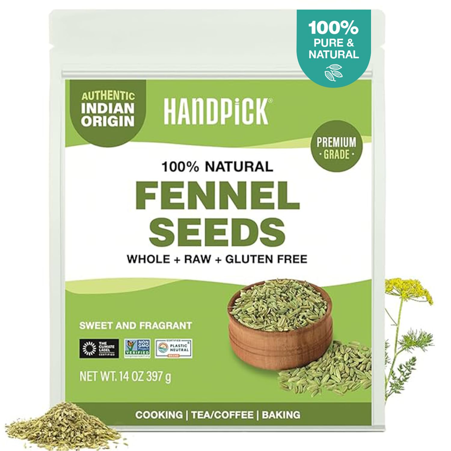 HANDPICK front pack showing 14oz raw fennel seeds and clear labeling benefit freshness