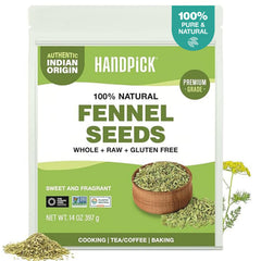 HANDPICK front pack showing 14oz raw fennel seeds and clear labeling benefit freshness