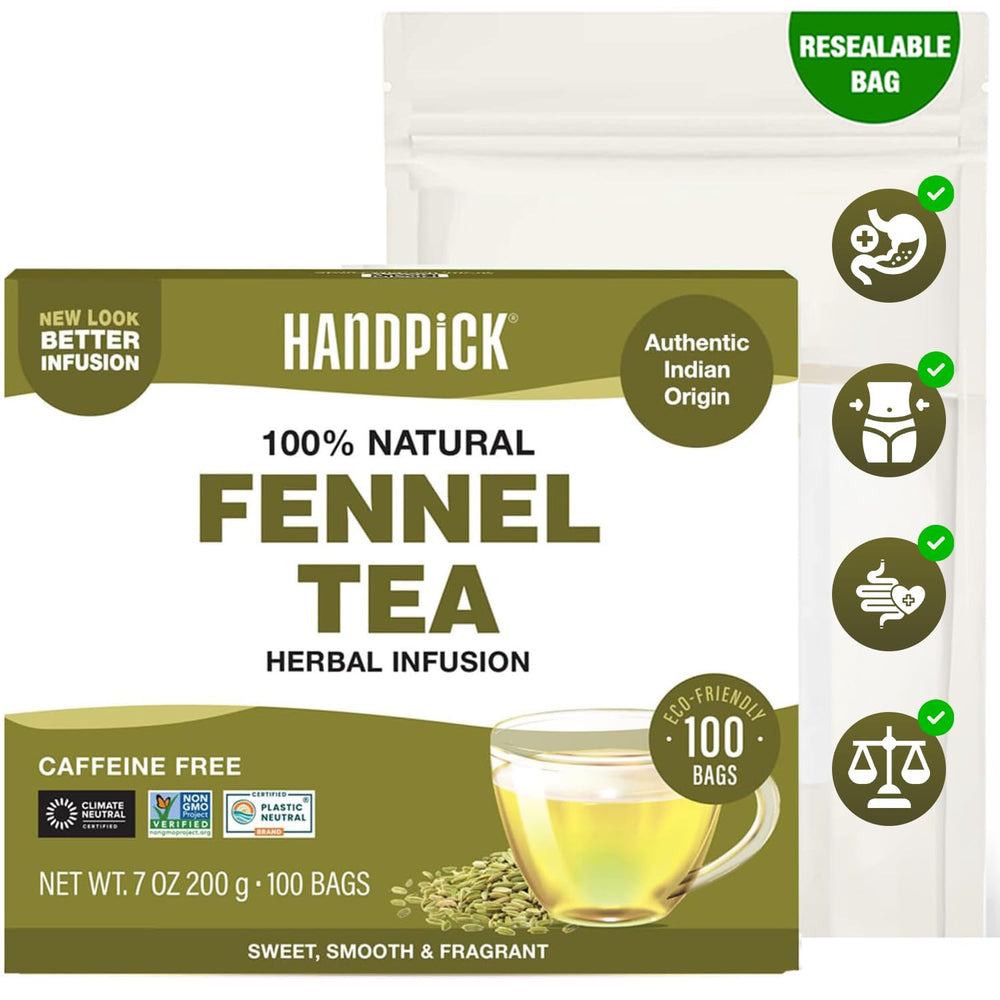 HANDPICK front packaging showing 100-count fennel tea and clarity benefit