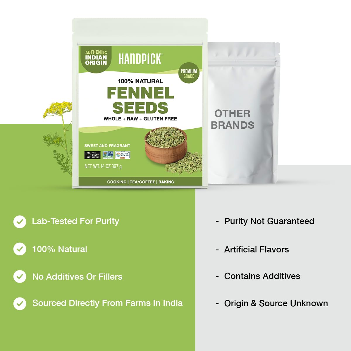HANDPICK packaging label detail showing non-GMO and gluten-free quality