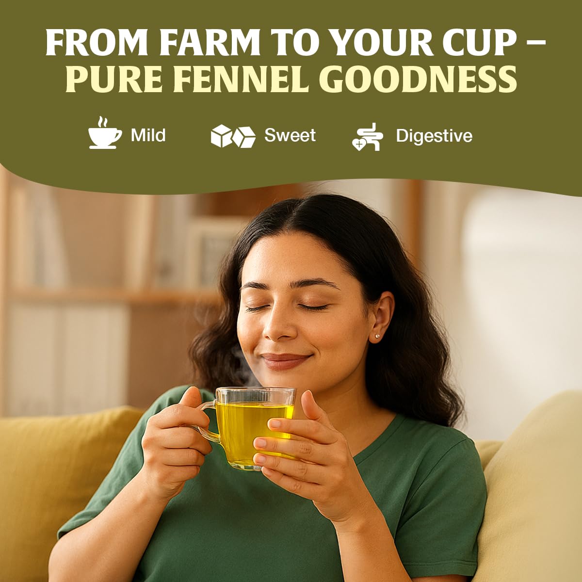 HANDPICK steeping cup with fennel tea showing soothing warm beverage benefit